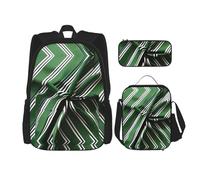 HJLUUFT Ensemble de 3 sacs à dos classiques à rayures vertes, grand sac d'école avec boîte à déjeuner et trousse à crayons, ensemble sac à dos, élégant et pratique