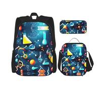 HJLUUFT Ensemble de 3 sacs à dos pratiques pour la science abstraite, la chimie - Grand sac d'école avec boîte à déjeuner et trousse à crayons pour étudiants, sac à dos et boîte à déjeuner