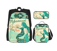 HJLUUFT Ensemble de 3 sacs à dos rétro sirène avec boîte à déjeuner et trousse à crayons, sac à dos, élégant et pratique