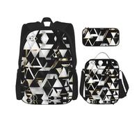 HJLUUFT Ensemble de 3 sacs à dos tendance et moderne avec imprimé triangle noir blanc doré - Sac d'école spacieux avec sac à déjeuner et trousse - Élégant et pratique