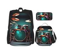 HJLUUFT Ensemble de batterie cool 3 pièces pratique - Grand sac d'école avec boîte à déjeuner et trousse à crayons pour étudiants, sac à dos et boîte à déjeuner
