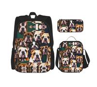 HJLUUFT Ensemble sac à dos 3 pièces avec motif bouledogue anglais, grand sac d'école avec boîte à déjeuner et trousse à crayons, sac à dos, élégant et pratique