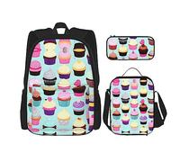 HJLUUFT Ensemble sac à dos 3 pièces avec motif cupcake - Grand sac d'école avec boîte à déjeuner et trousse à crayons - Élégant et pratique