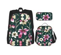 HJLUUFT Ensemble sac à dos 3 pièces avec motif de plantes, fleurs, grand sac d'école avec boîte à déjeuner et trousse à crayons, ensemble sac à dos, élégant et pratique
