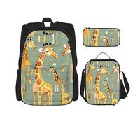 HJLUUFT Ensemble sac à dos 3 pièces avec motif girafes sauvages, grand sac d'école avec boîte à déjeuner et trousse à crayons, sac à dos, élégant et pratique