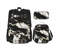 HJLUUFT Ensemble sac à dos 3 pièces avec motif marbré noir et blanc, grand sac d'école avec boîte à déjeuner et trousse à crayons, ensemble sac à dos, élégant et pratique