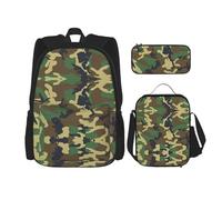 HJLUUFT Ensemble sac à dos 3 pièces avec sac à déjeuner et trousse à crayons Motif camouflage militaire Vert