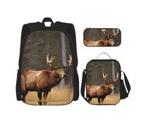 HJLUUFT Ensemble sac à dos 3 pièces avec sac à déjeuner et trousse à crayons Motif cerf, ours sauvage, élan, sac d'école spacieux et pratique