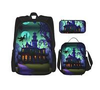 HJLUUFT Ensemble sac à dos 3 pièces avec sac à déjeuner et trousse à crayons Motif manoirs hantés Noir