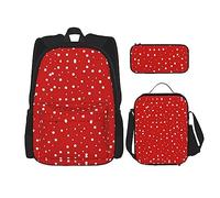 HJLUUFT Ensemble sac à dos 3 pièces avec sac à déjeuner et trousse à crayons Motif pois rouges et blancs