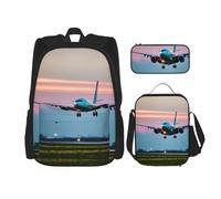 HJLUUFT Ensemble sac à dos 3 pièces imprimé avion dans les lumières du soir - Sac d'école spacieux avec sac à déjeuner et trousse - Élégant et pratique