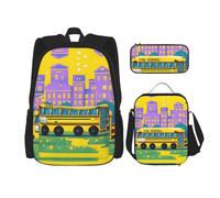 HJLUUFT Ensemble sac à dos 3 pièces imprimé bus scolaire - Sac d'école spacieux avec sac à déjeuner et trousse - Élégant et pratique