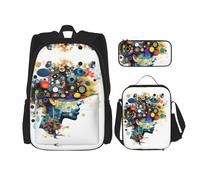 HJLUUFT Ensemble sac à dos 3 pièces imprimé cerveau intelligence artificielle - Sac d'école spacieux avec sac à déjeuner et trousse - Élégant et pratique
