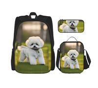 HJLUUFT Ensemble sac à dos 3 pièces imprimé chien frisé bichon sur l'herbe - Sac d'école spacieux avec sac à déjeuner et trousse - Élégant et pratique