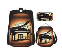 HJLUUFT Ensemble sac à dos 3 pièces imprimé piano violon et notes de musique - Sac d'école spacieux avec sac à déjeuner et trousse - Élégant et pratique