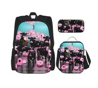 HJLUUFT Ensemble sac à dos 3 pièces motif vache volante rose avec boîte à déjeuner et trousse à crayons, sac à dos, élégant et pratique