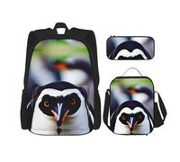 HJLUUFT Ensemble sac à dos pratique 3 pièces avec motif tête de pingouin mignon - Grand sac d'école avec boîte à déjeuner et trousse à crayons pour étudiants, sac à dos et boîte à déjeuner