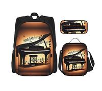 HJLUUFT Ensemble sac à dos pratique 3 pièces avec piano violon et notes de musique - Grand sac d'école avec boîte à déjeuner et trousse à crayons pour étudiants, sac à dos et boîte à déjeuner