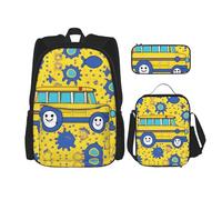 HJLUUFT Ensemble sac à dos pratique 3 pièces imprimé bus scolaire - Grand sac d'école avec boîte à déjeuner et trousse à crayons pour étudiants, sac à dos et boîte à déjeuner
