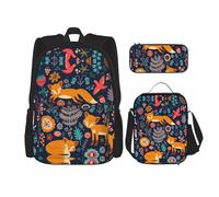 HJLUUFT Ensemble sac à dos pratique 3 pièces motif chouette, lapin, oiseaux, renard - Grand sac d'école avec boîte à déjeuner et trousse à crayons pour étudiants, sac à dos et boîte à déjeuner
