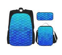 HJLUUFT Ensemble sac à dos pratique 3 pièces motif poisson sirène bleu océan - Grand sac d'école avec boîte à déjeuner et trousse à crayons pour étudiants, sac à dos et boîte à déjeuner