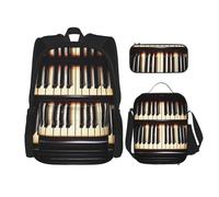 HJLUUFT Ensemble sac à dos pratique avec touches de piano et notes de musique - Grand sac d'école avec boîte à déjeuner et trousse à crayons pour étudiants, sac à dos et boîte à déjeuner