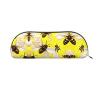 HJLUUFT Flying Bees Trousse à crayons et maquillage en cuir demi-ronde Motif marguerites et miel - Élégante trousse à crayons pour le bureau, les voyages et le rangement quotidien