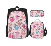 HJLUUFT Naughty Sloth Ensemble sac à dos pratique 3 pièces - Grand sac d'école avec boîte à déjeuner et trousse à crayons pour étudiants, sac à dos et boîte à déjeuner