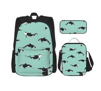 HJLUUFT Pacific Ocean Whale Ensemble sac à dos pratique 3 pièces - Grand sac d'école avec boîte à déjeuner et trousse à crayons pour étudiants, sac à dos et boîte à déjeuner