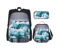 HJLUUFT Penguins On The Iceberg Ensemble sac à dos 3 pièces, grand sac d'école avec boîte à déjeuner et trousse à crayons, ensemble sac à dos, élégant et pratique