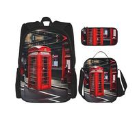 HJLUUFT Red Phone Booth London Street Ensemble sac à dos 3 pièces, grand sac d'école avec boîte à déjeuner et trousse à crayons, sac à dos, élégant et pratique