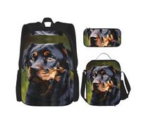 HJLUUFT Rottweiler Ensemble sac à dos pratique 3 pièces - Grand sac d'école avec boîte à déjeuner et trousse à crayons pour étudiants, sac à dos et boîte à déjeuner