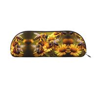 HJLUUFT Rural Honey Bees Trousse à crayons en cuir semi-ronde portable et trousse de maquillage - Trousse élégante pour le bureau, les voyages et le rangement quotidien, Argenté., Taille unique, Art