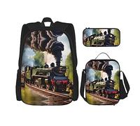 HJLUUFT Steam Little Train Ensemble sac à dos 3 pièces - Sac d'école spacieux avec sac à déjeuner et trousse - Élégant et pratique