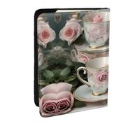 HJLUUFT Tasses à thé avec roses - Portefeuille en cuir imprimé romantique pour homme et femme - Étui pour passeport de voyage pour la famille, Noir , Taille unique
