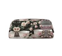 HJLUUFT Tasses à thé avec roses romantique shabby élégant étui à stylos portable en cuir - Rangement de maquillage - Idéal pour crayons et maquillage et petits objets