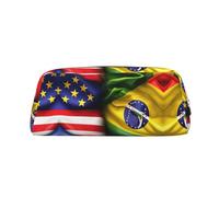 HJLUUFT Trousse à crayons en cuir semi-ronde avec drapeaux américains et brésiliens - Idéal pour les crayons, le maquillage et le rangement quotidien