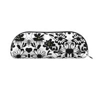 HJLUUFT Trousse à crayons semi-ronde en cuir avec fleurs noires et blanches - Solution de rangement pratique pour vos essentiels