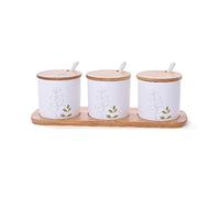 HJtRTDF Ensemble de pots à condiments en céramique, pots à épices, bols avec plateau de service et cuillères, motif peint à la main, lot de 3