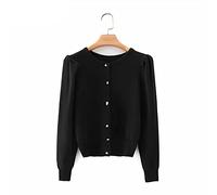 HJUGHPN Cardigan basique pour femme - Couleur unie - Manches bouffantes plissées - Pull tricoté à simple boutonnage - Cardigan décontracté - Noir