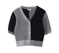 HJUGHPN Cardigan court en tricot à col rond pour femme - Cardigan boutonné - Style décontracté - Patchwork - Haut court pour femme