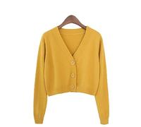 HJUGHPN Cardigan court en tricot pour femme - Pull court à manches longues et col en V - Vert et bleu (jaune)