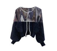 HJUGHPN Cardigan d'automne pour femme avec perles de vison et cachemire - Pull en laine et mohair - Manches lanterne, blanc, XXL