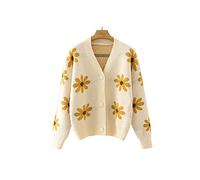 HJUGHPN Cardigan décontracté pour femme - Automne et hiver - Motif marguerite - Jacquard à simple boutonnage - Cardigan ample en tricot
