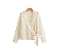 HJUGHPN Cardigan décontracté pour femme - Court - Grand col en V - Patte diagonale - Cardigan à manches longues - Pull en tricot pour femme - Blanc - S