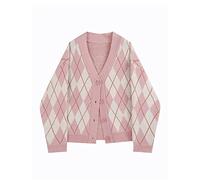 HJUGHPN Cardigan en tricot à carreaux pour femme - Pull doux pour l'automne et l'hiver - Manches longues - Tendance - Décontracté - Surdimensionné - Rose
