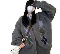 HJUGHPN Cardigan pour femme avec broderie d'ours en tricot à carreaux pour l'automne et l'hiver Veste pull ample avec boutons