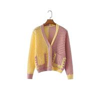 HJUGHPN Cardigan pour femme - Couleur contrastée - Découpes - Col en V - Manches longues - Haut décontracté avec poche - Pour femme