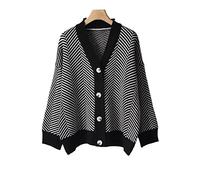 HJUGHPN Cardigan pour femme - Pull à col en V - Cardigan en tricot à simple boutonnage - Veste ample rayée - Cardigan court à manches longues - Noir