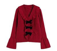 HJUGHPN Cardigan pour femme rétro pull décontracté mode doux nœud col en V ample doux épais tricot rouge pull
